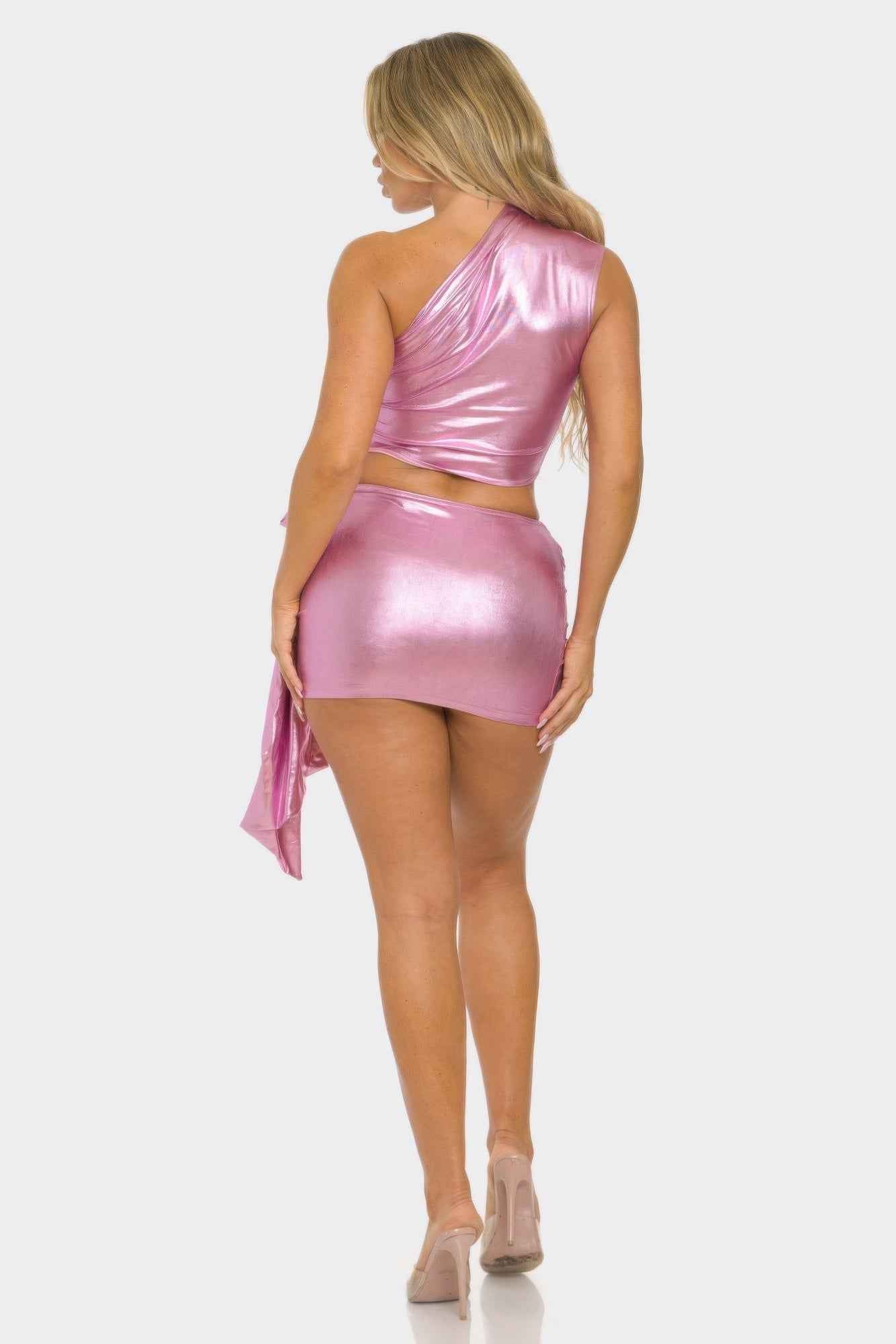 Metallic One Shoulder Crop Top Set