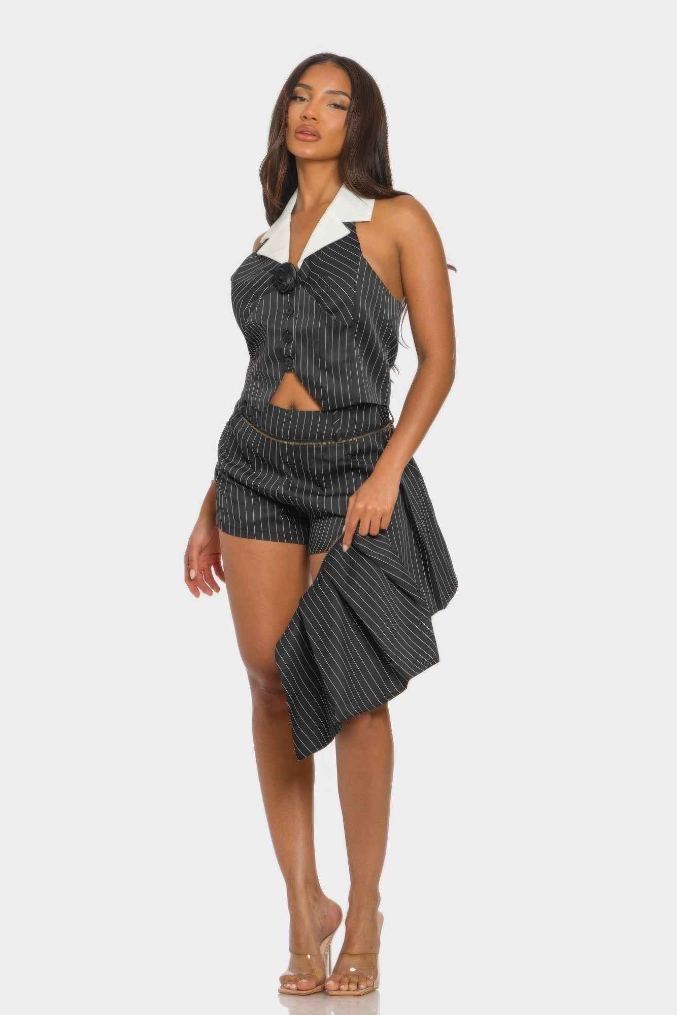 Collared Vest Pleated Skort Set