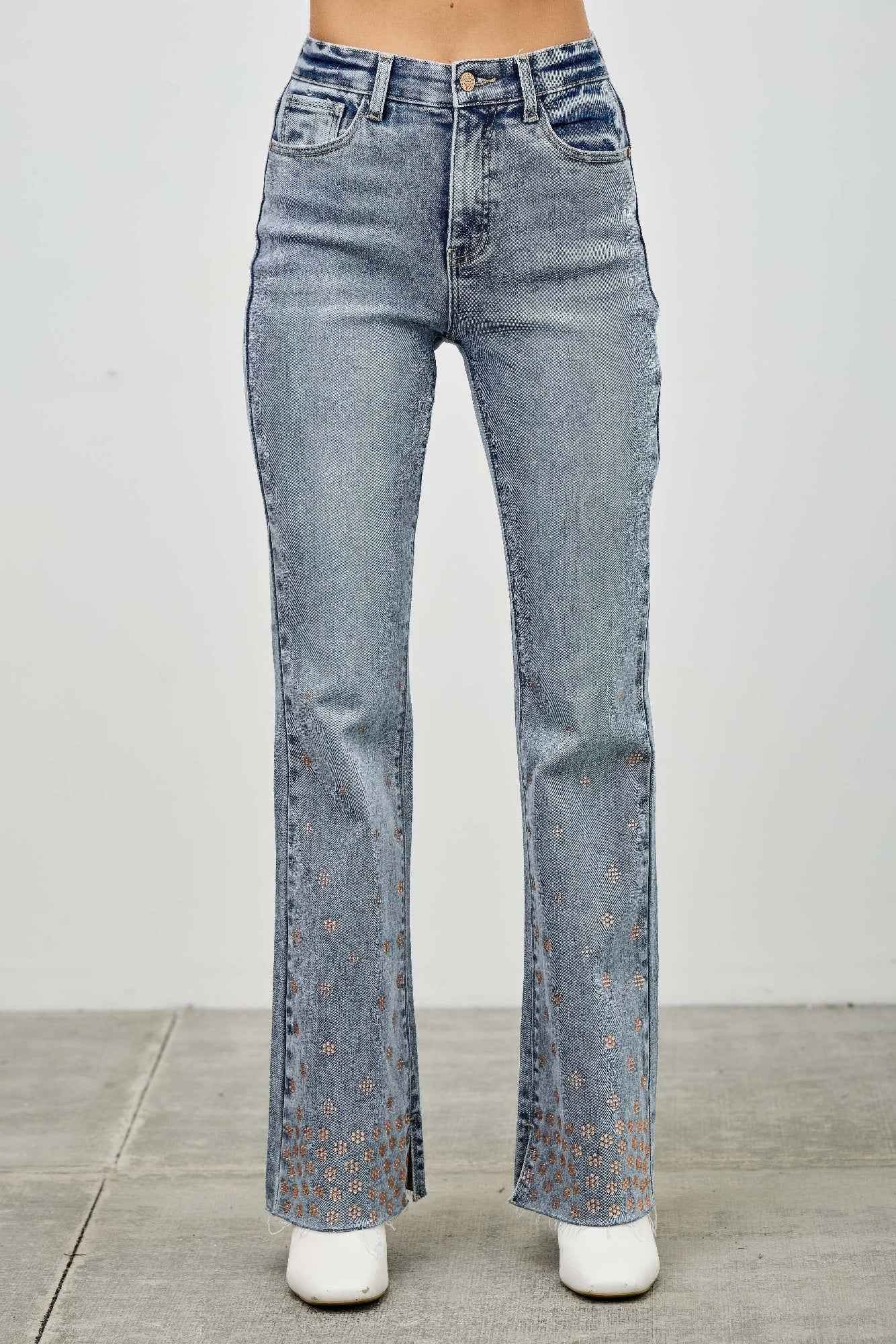 High Rise Kick Flare With Rhinestone