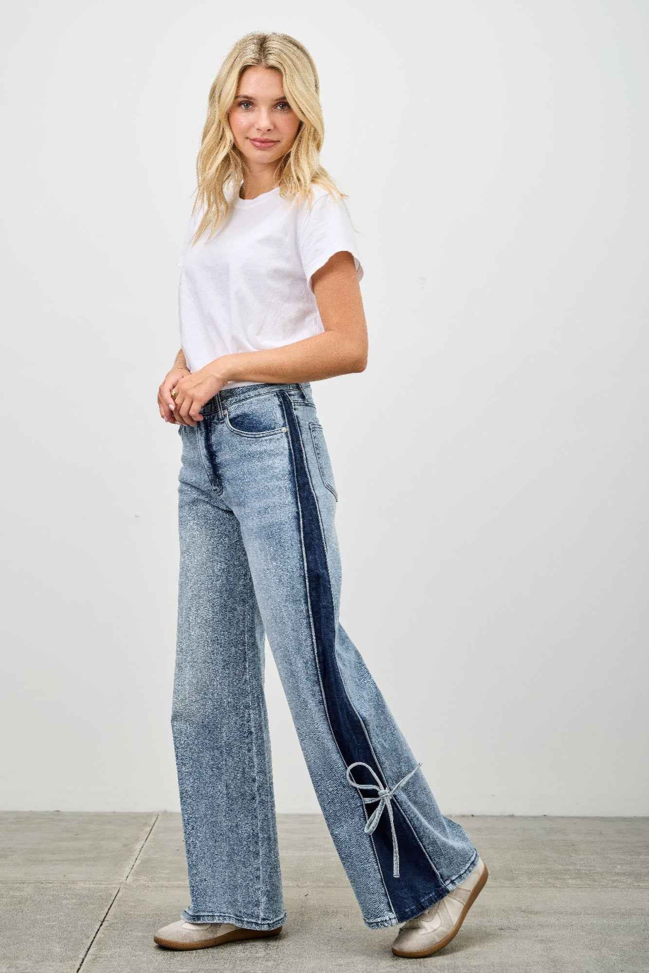 High Rise Contrast Wide Leg With Ribbon Tie