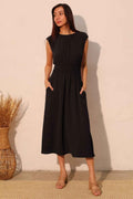 Matte Crepe Ruched Elastic Midi Dress