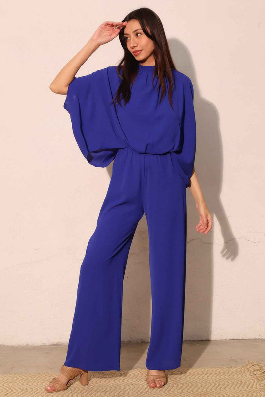 Textured Solid Mock Neck Caftan Jumpsuit