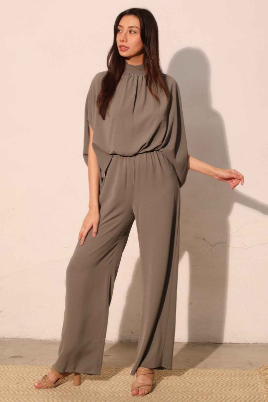 Textured Solid Mock Neck Caftan Jumpsuit
