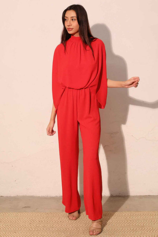 Textured Solid Mock Neck Caftan Jumpsuit