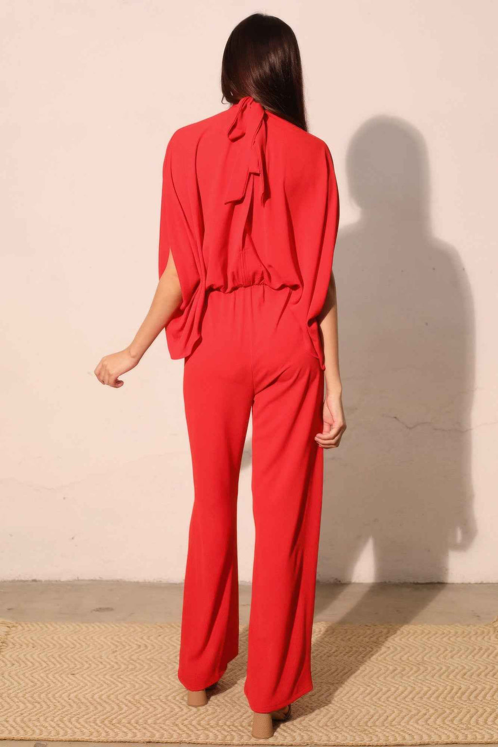 Textured Solid Mock Neck Caftan Jumpsuit