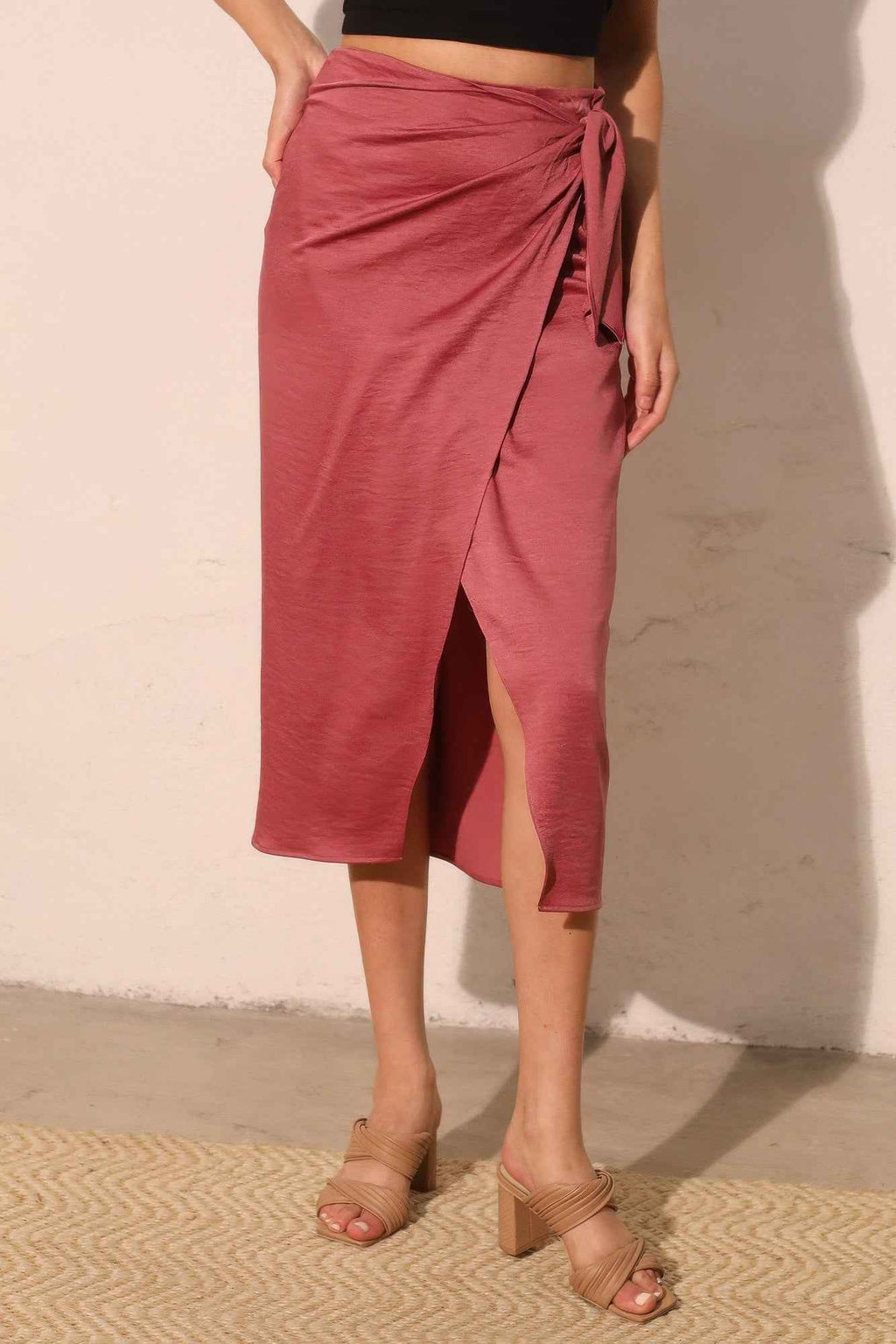 Washed Satin Crepe Side Wrap Midi Skirt