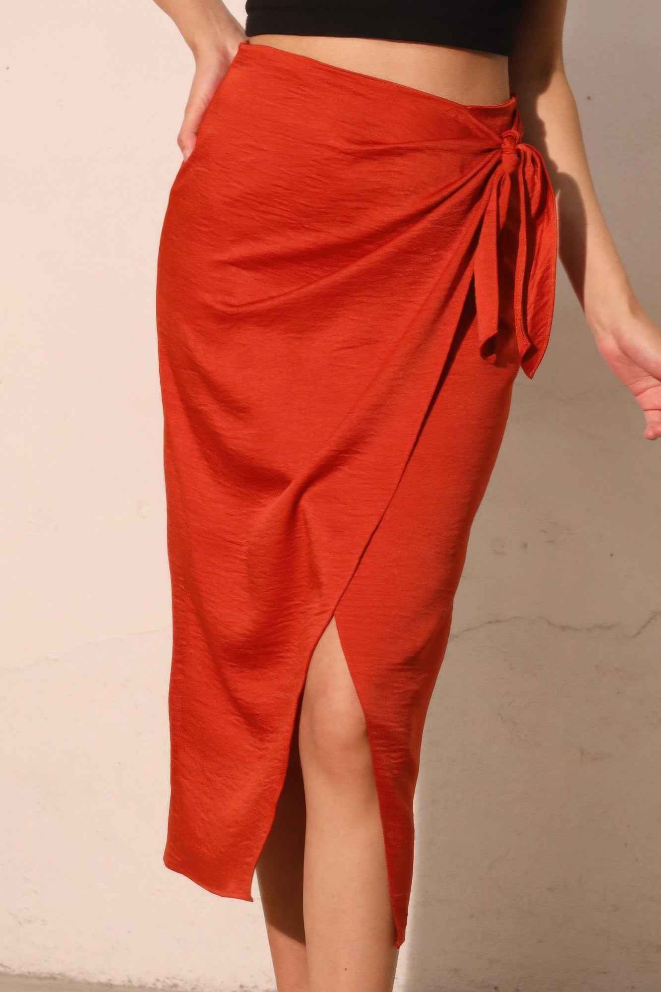 Washed Satin Crepe Side Wrap Midi Skirt