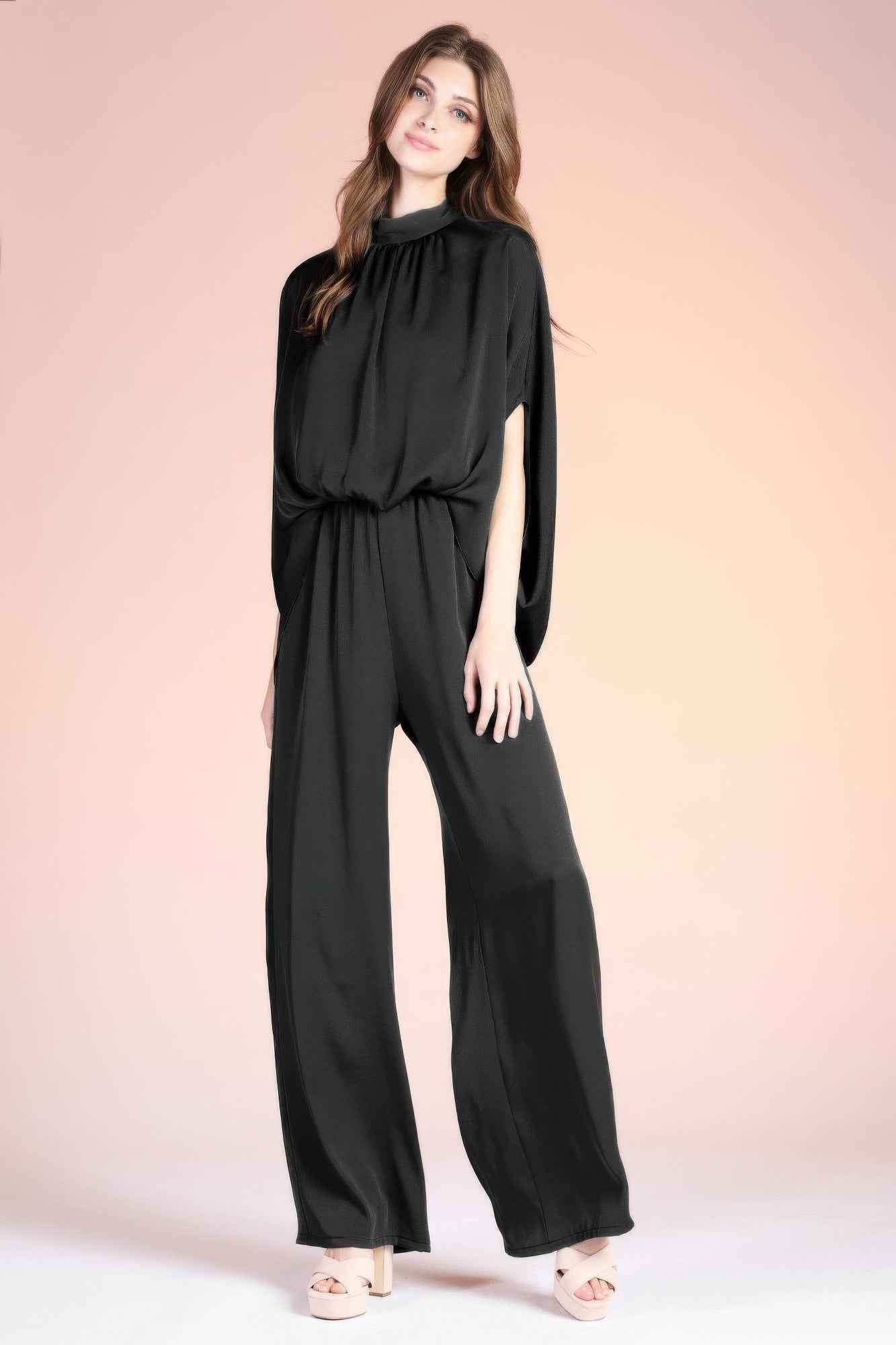 Washed Poly Silk Mock Neck Caftan Jumpsuit