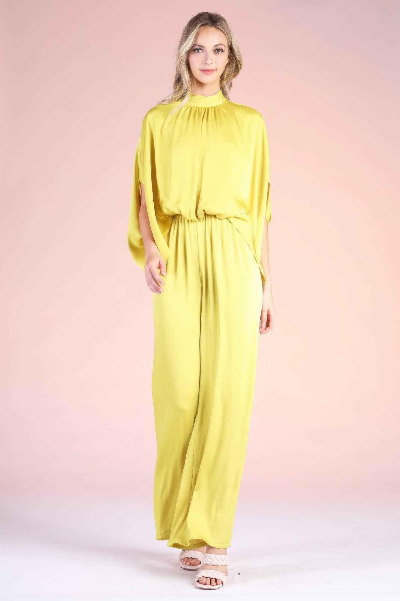 Washed Poly Silk Mock Neck Caftan Jumpsuit