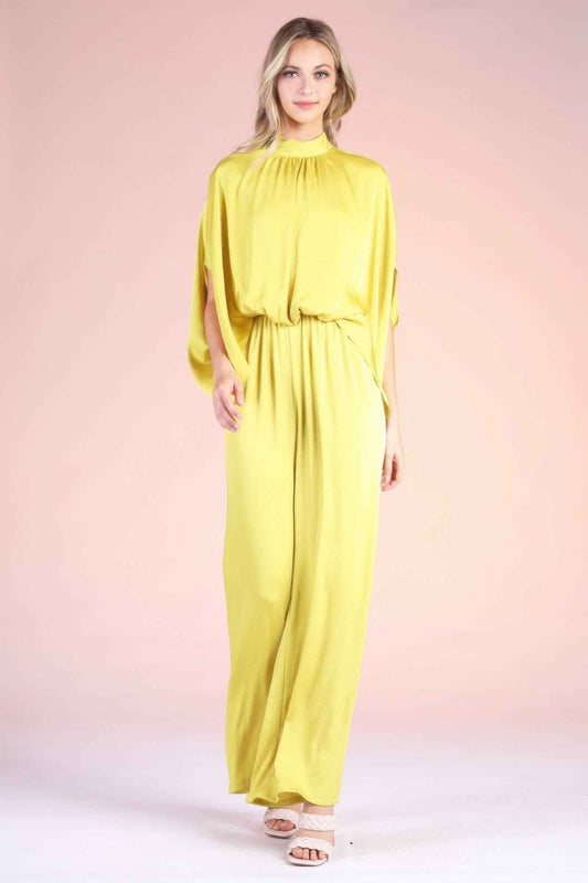 Washed Poly Silk Mock Neck Caftan Jumpsuit