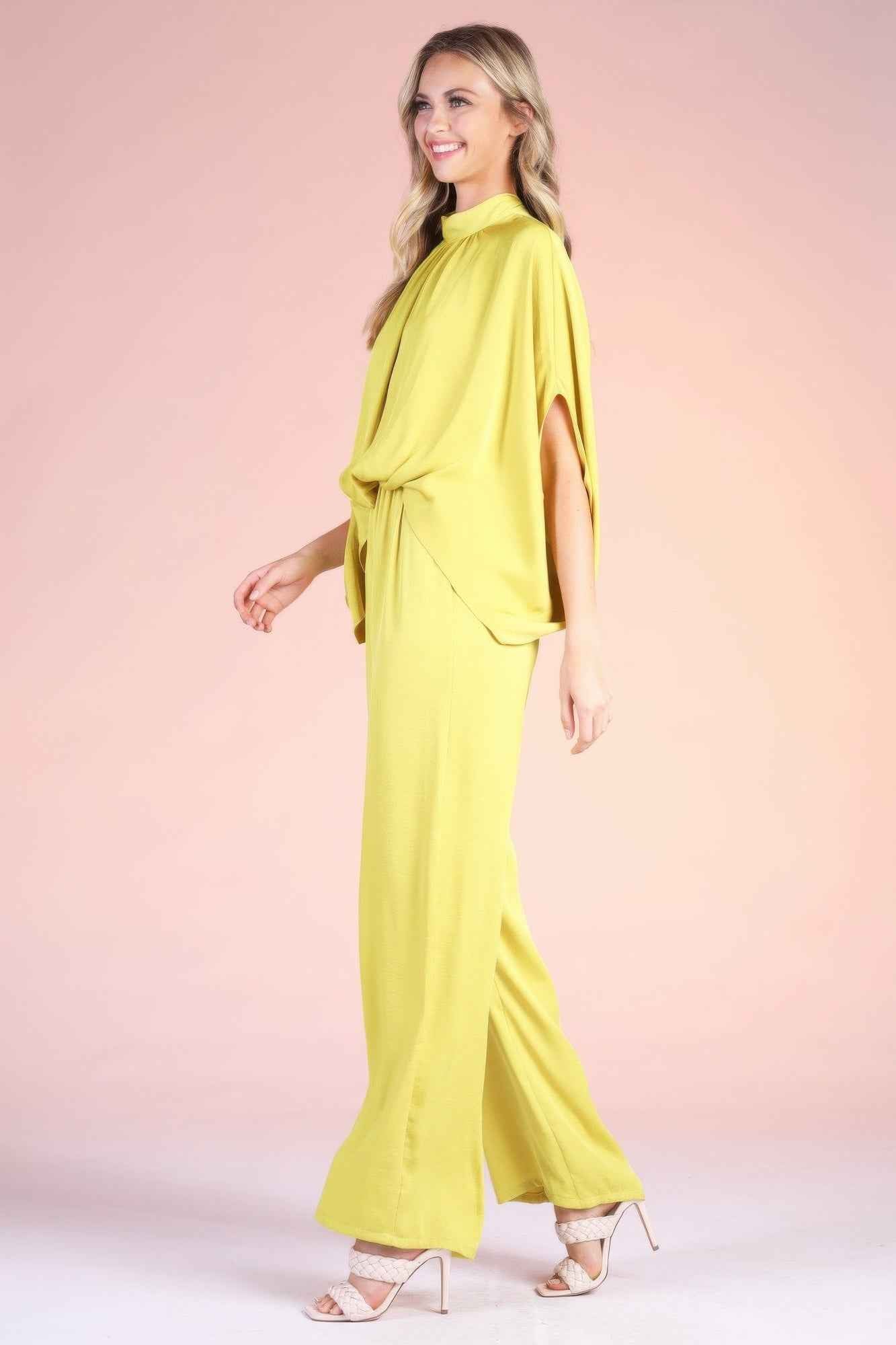 Washed Poly Silk Mock Neck Caftan Jumpsuit
