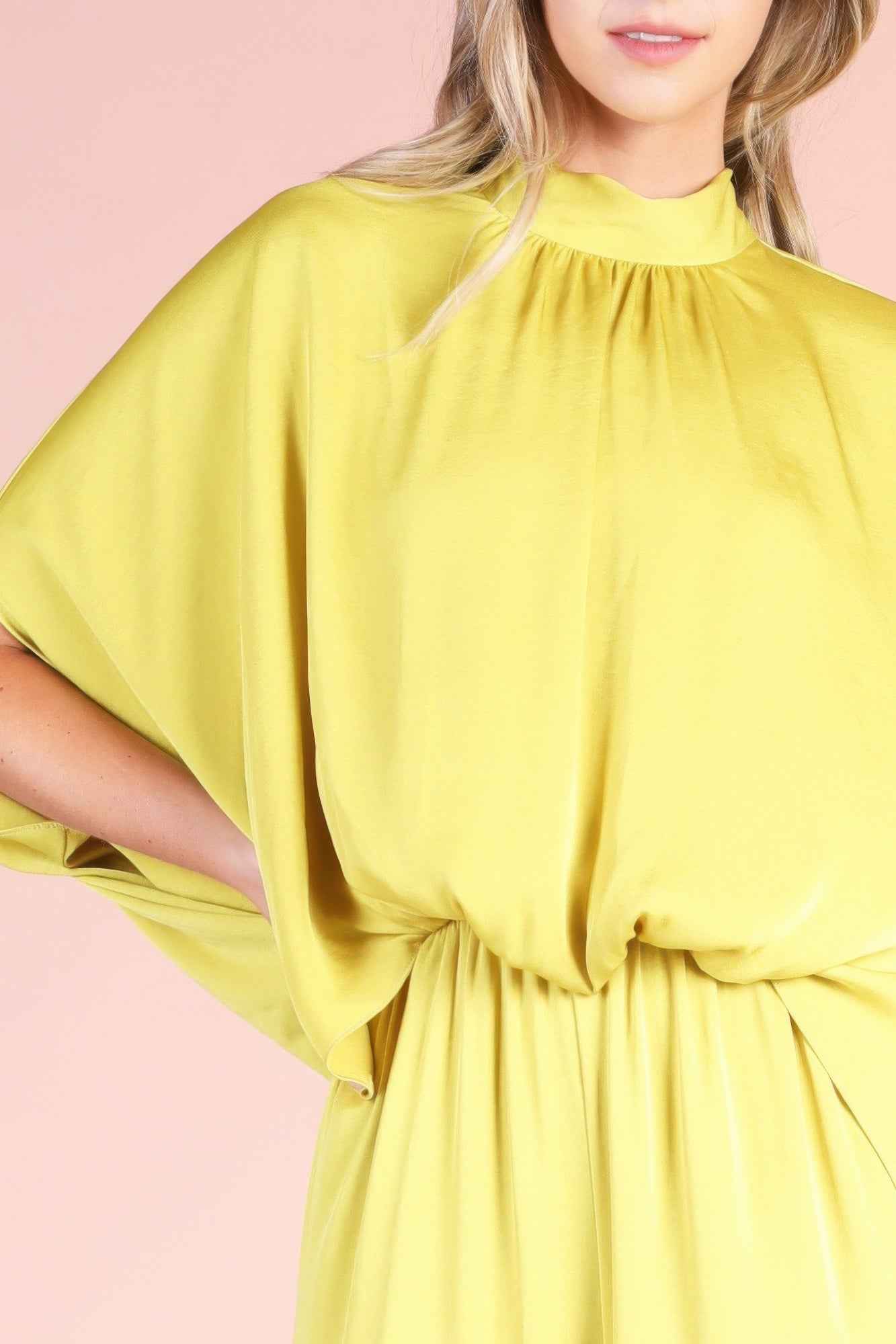 Washed Poly Silk Mock Neck Caftan Jumpsuit