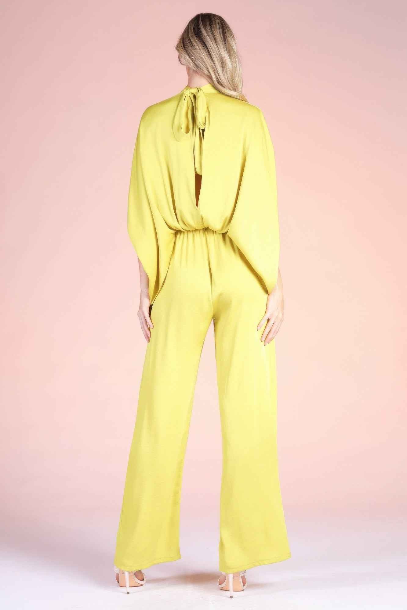 Washed Poly Silk Mock Neck Caftan Jumpsuit