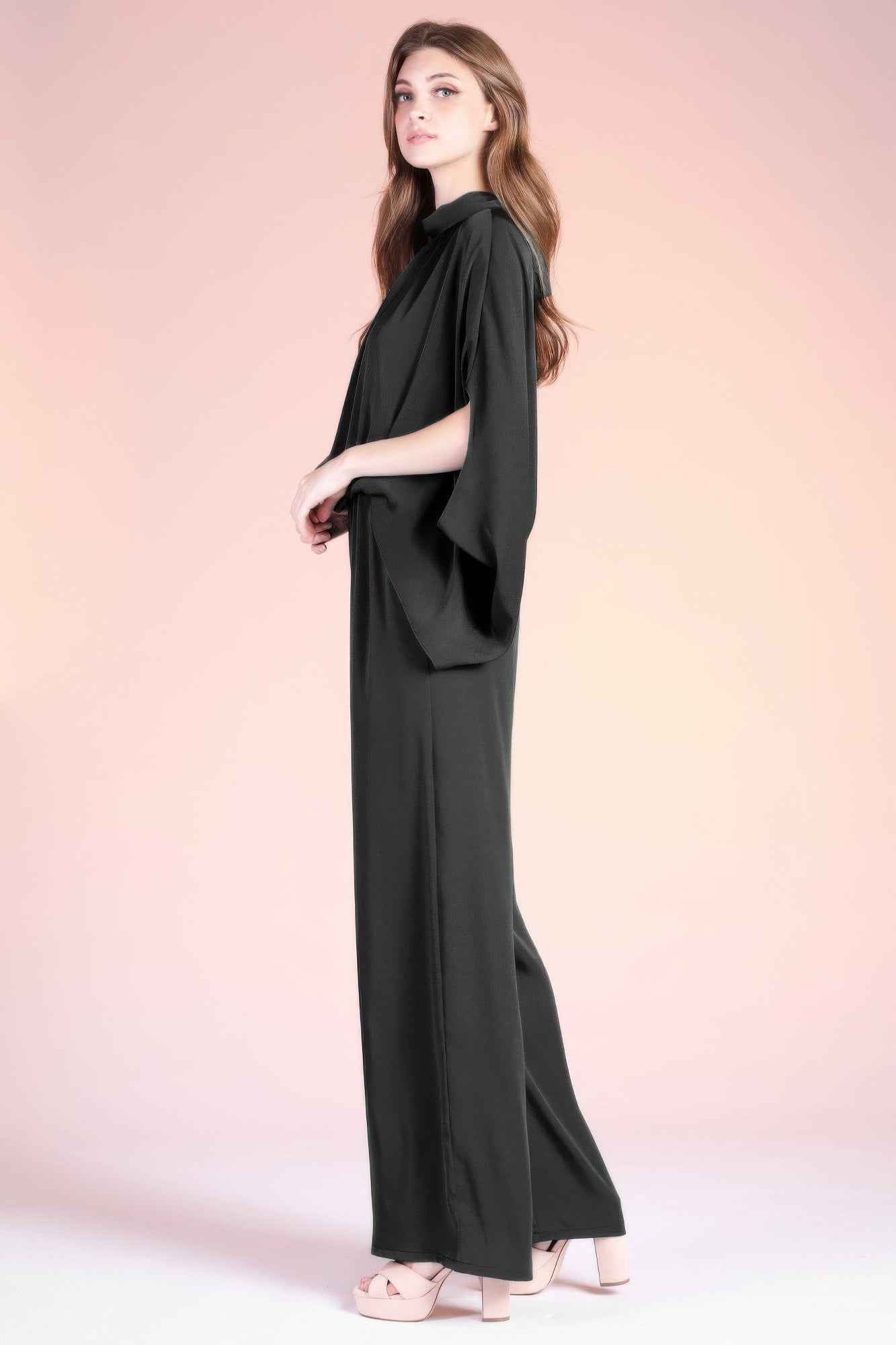 Washed Poly Silk Mock Neck Caftan Jumpsuit