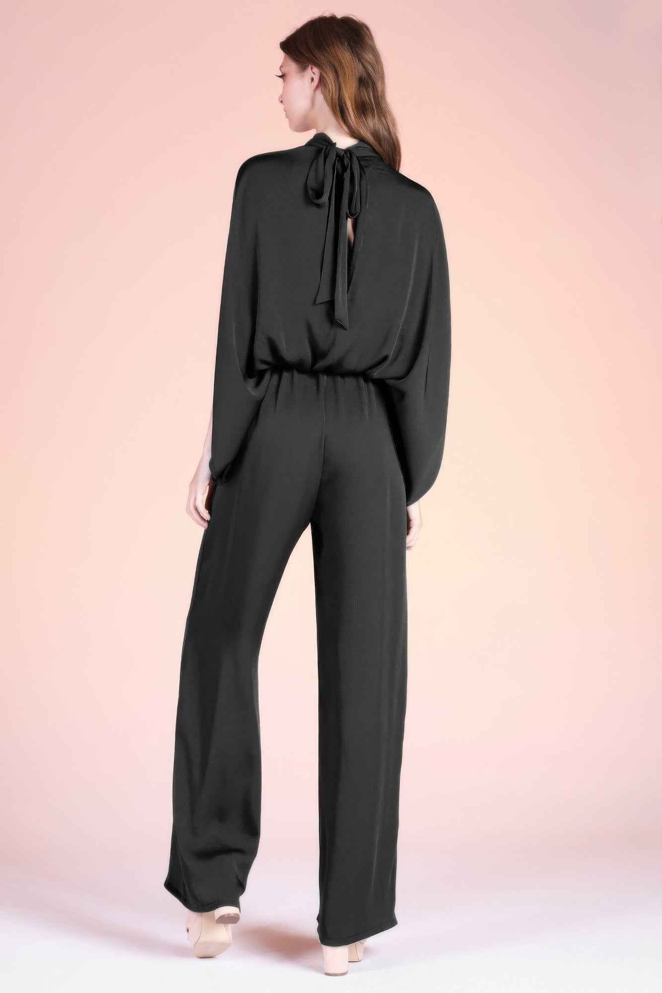 Washed Poly Silk Mock Neck Caftan Jumpsuit