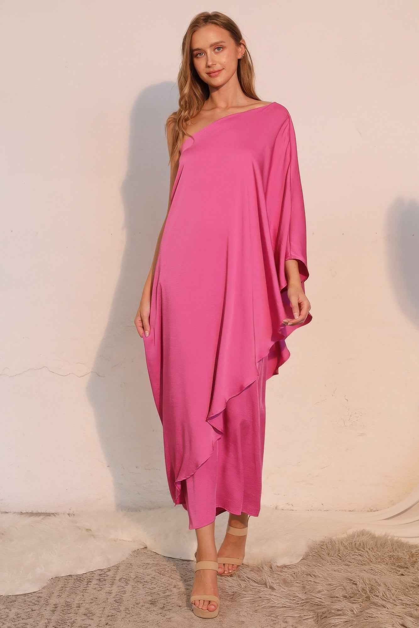 Washed Poly Silk Athena One Shoulder Maxi