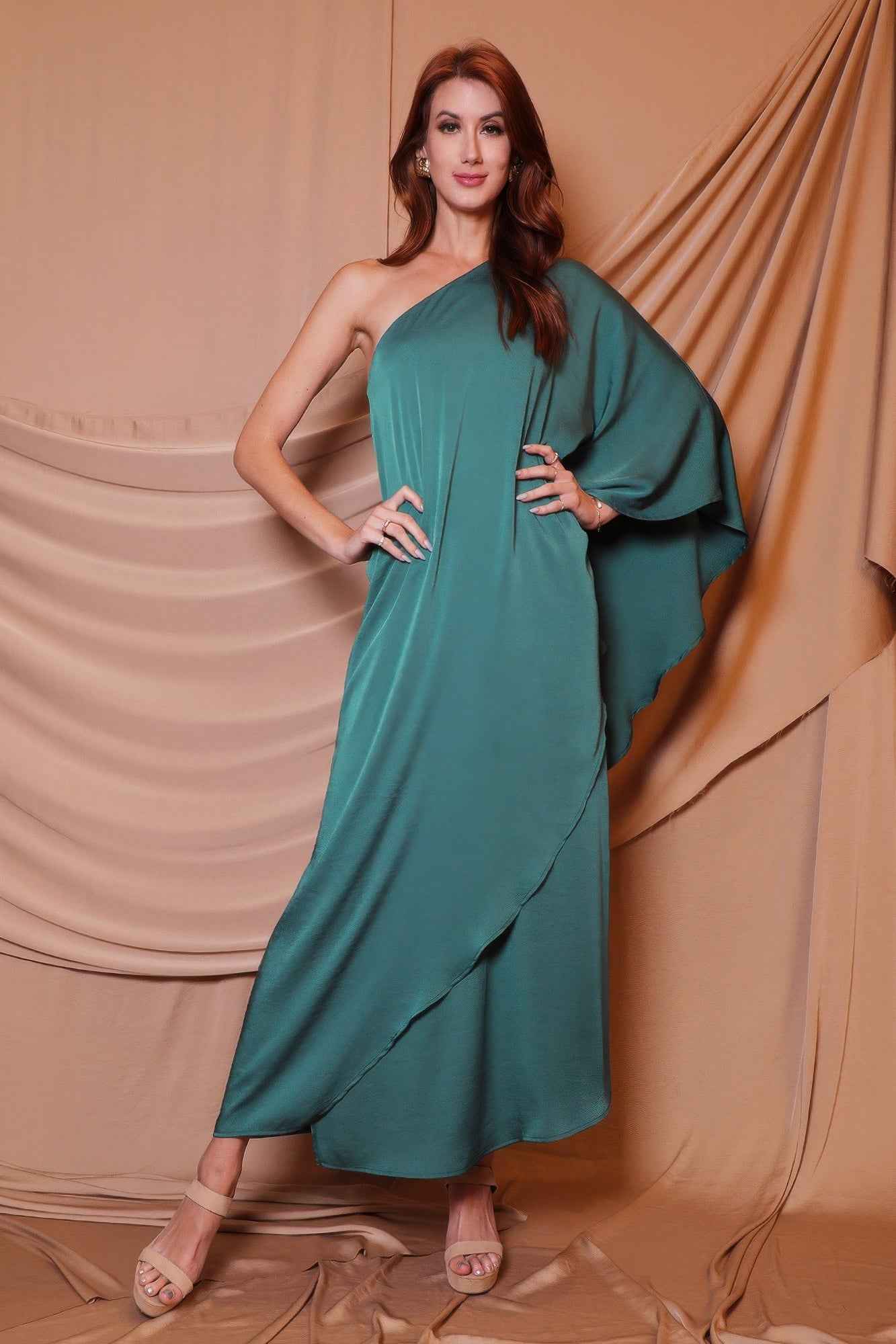 Washed Poly Silk Athena One Shoulder Maxi