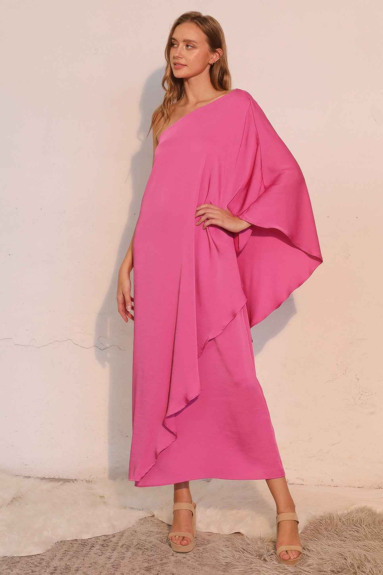 Washed Poly Silk Athena One Shoulder Maxi