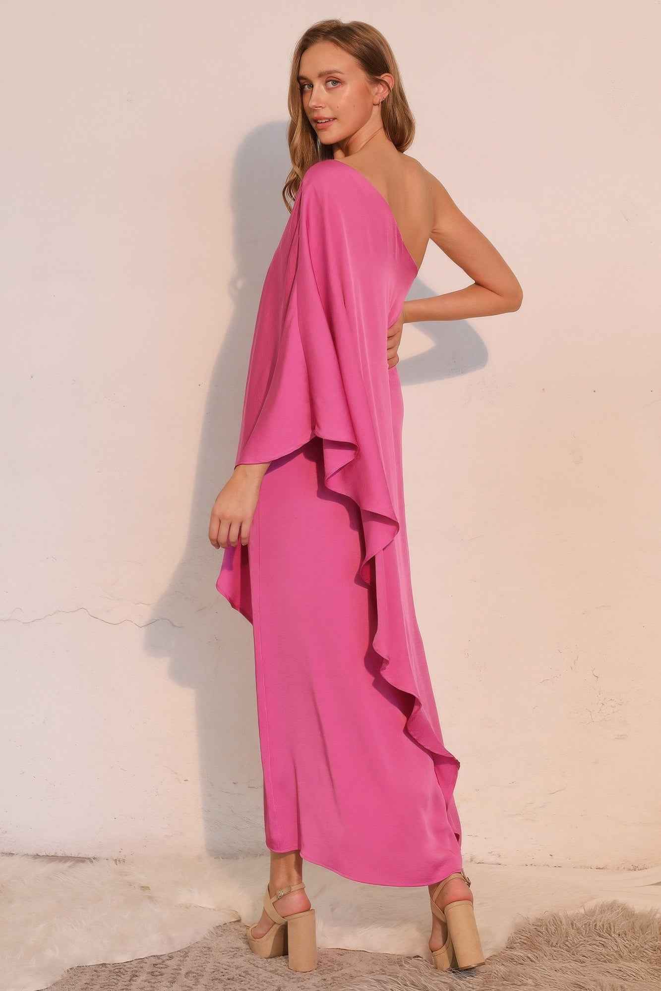 Washed Poly Silk Athena One Shoulder Maxi