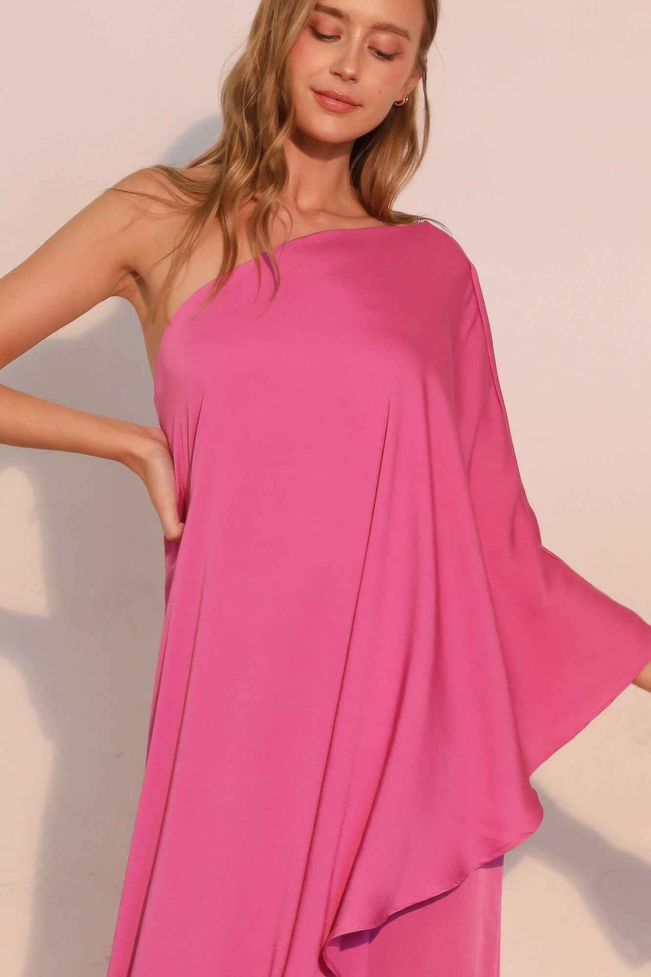 Washed Poly Silk Athena One Shoulder Maxi