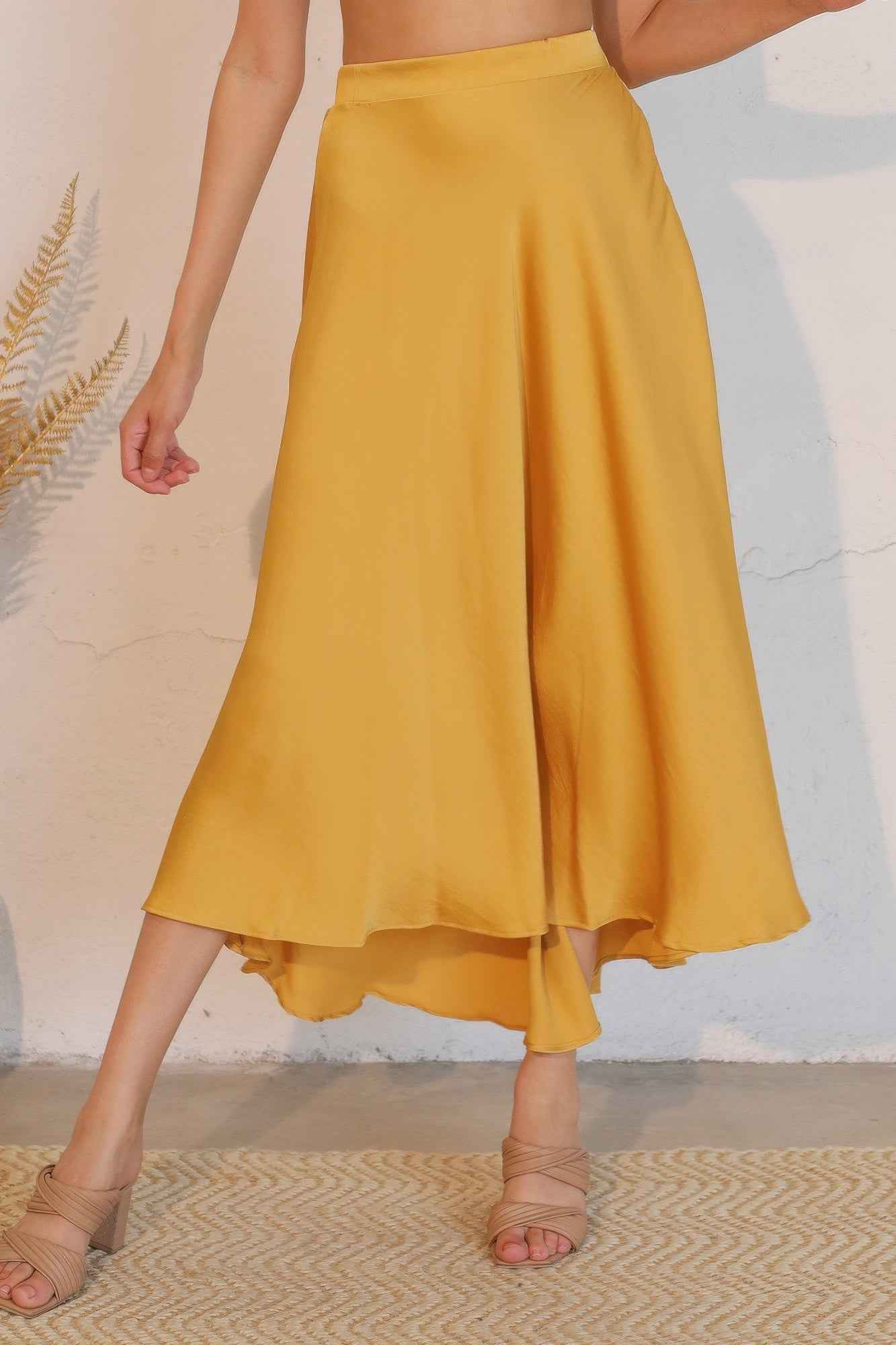 Washed Poly Silk Midi Swing Skirt