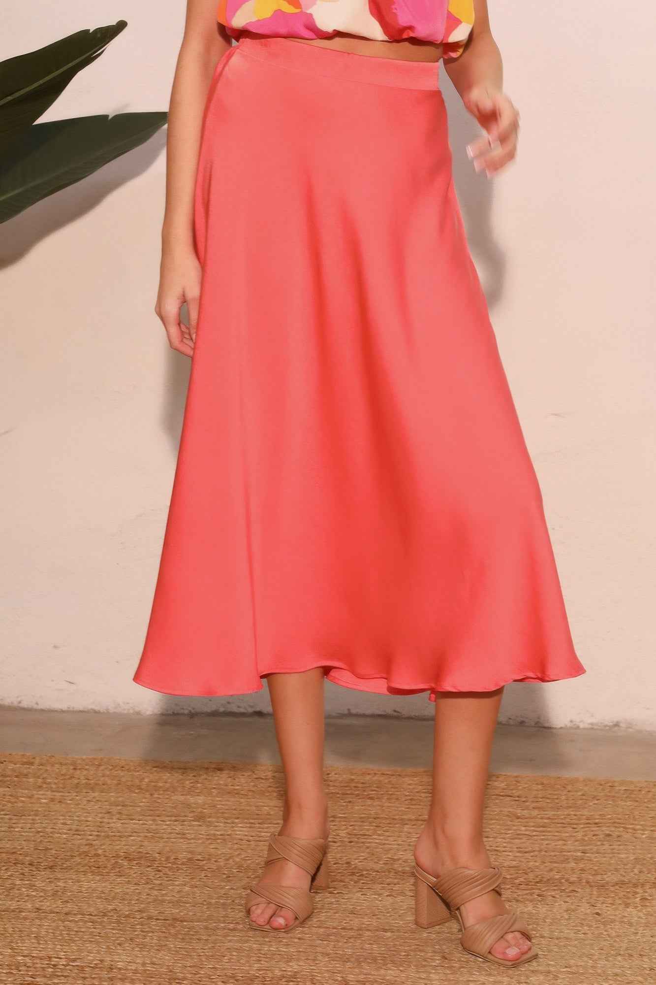 Washed Poly Silk Midi Swing Skirt