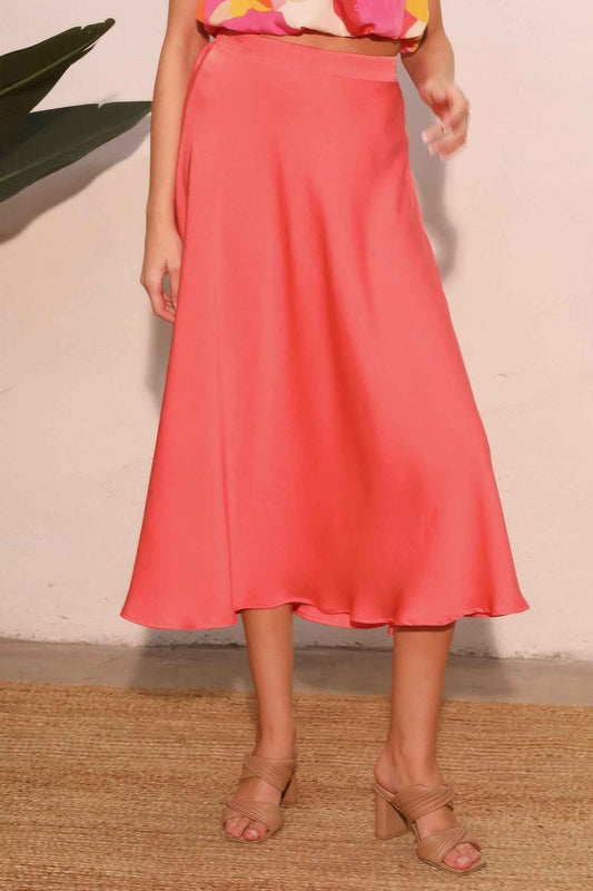 Washed Poly Silk Midi Swing Skirt