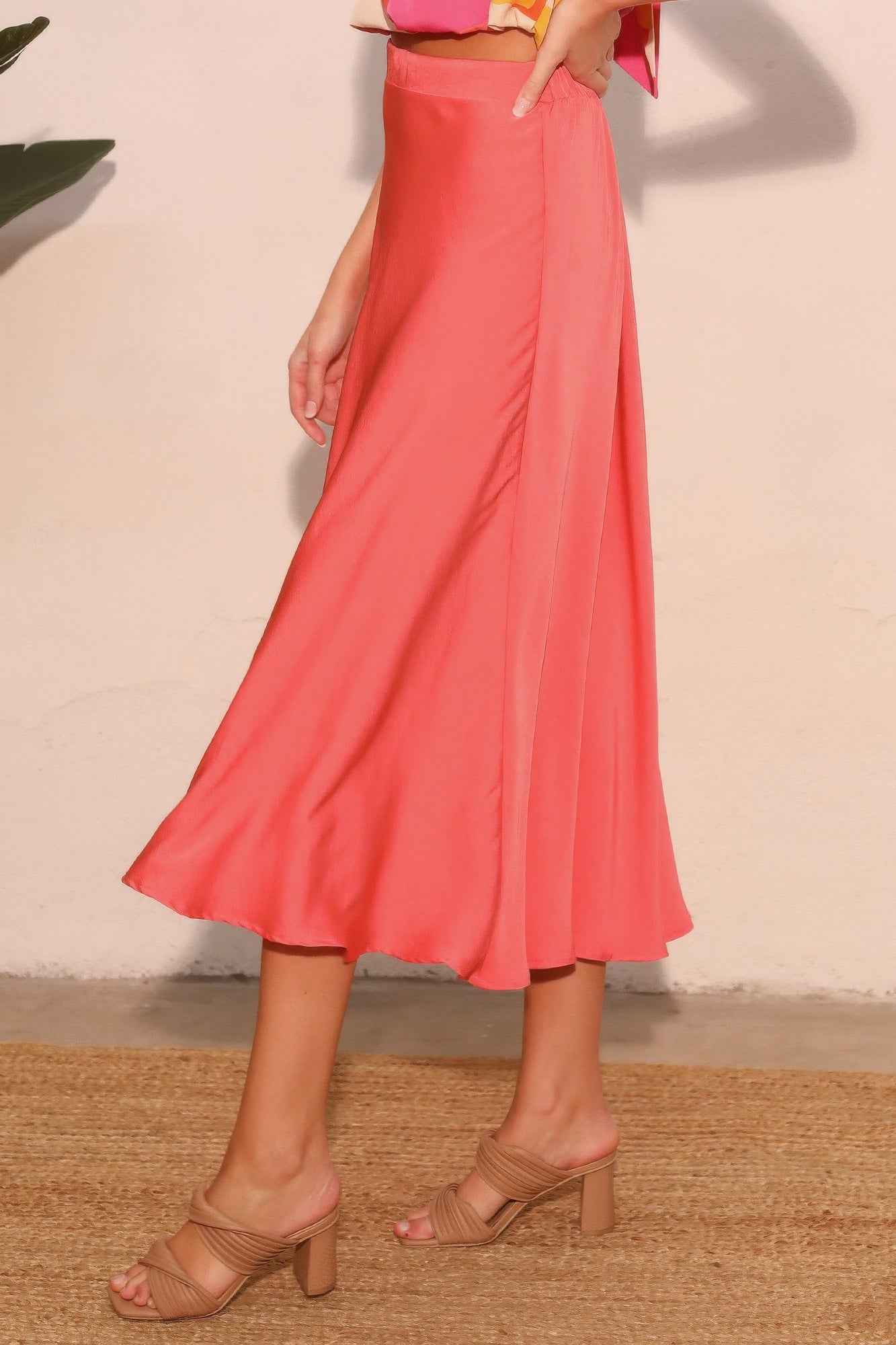Washed Poly Silk Midi Swing Skirt