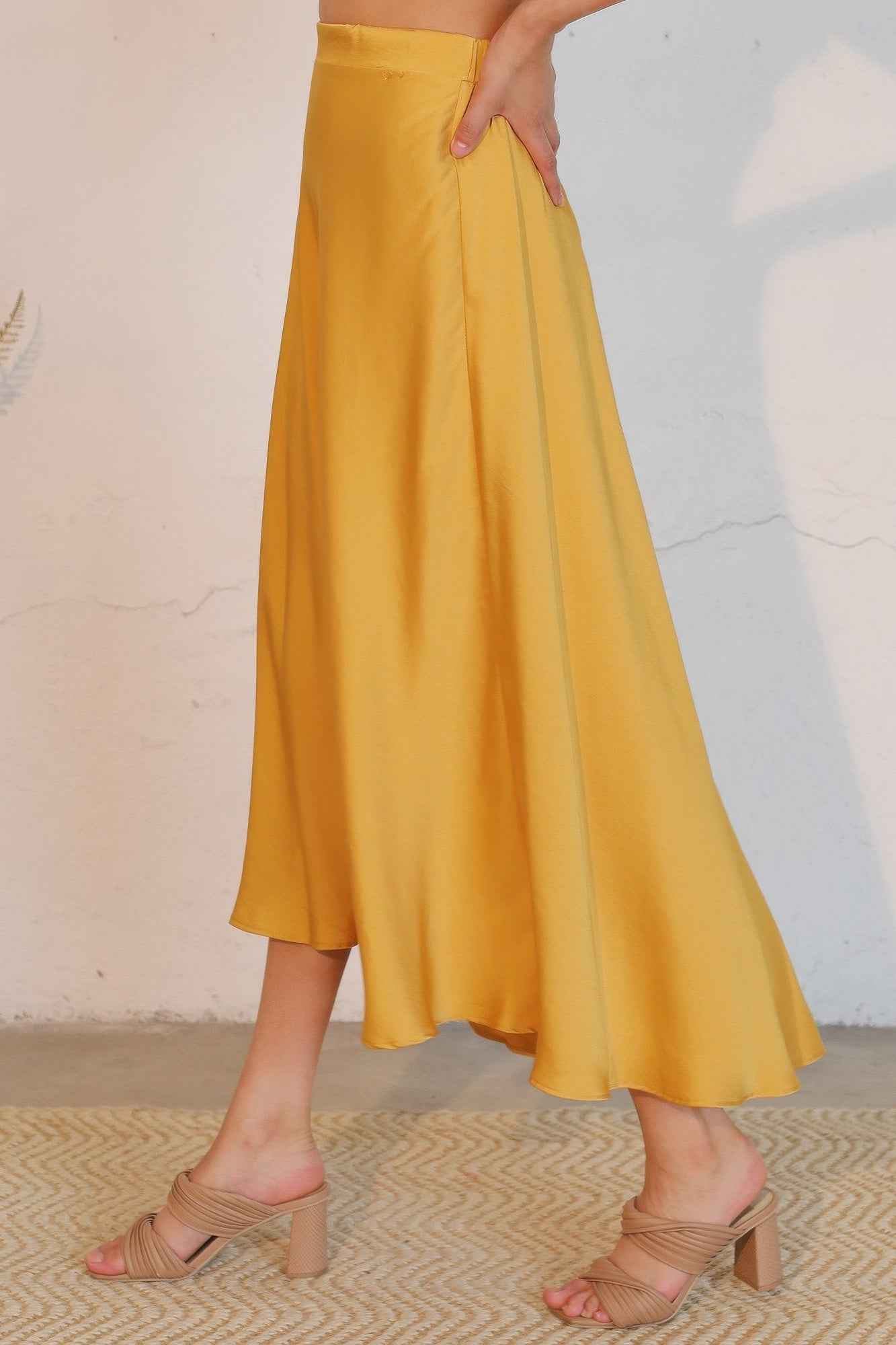 Washed Poly Silk Midi Swing Skirt