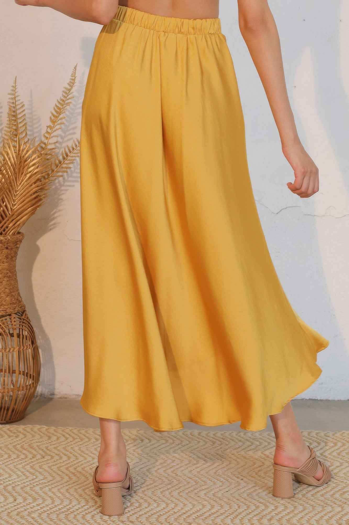Washed Poly Silk Midi Swing Skirt