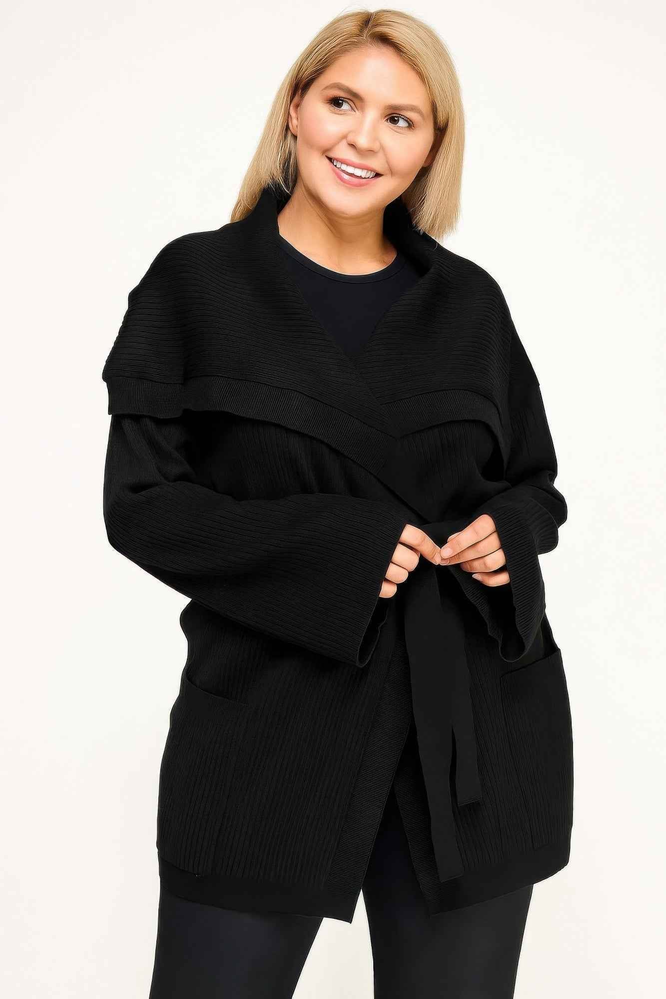 Plus Size Ribbed Wrap Cardigan With Waist Belt