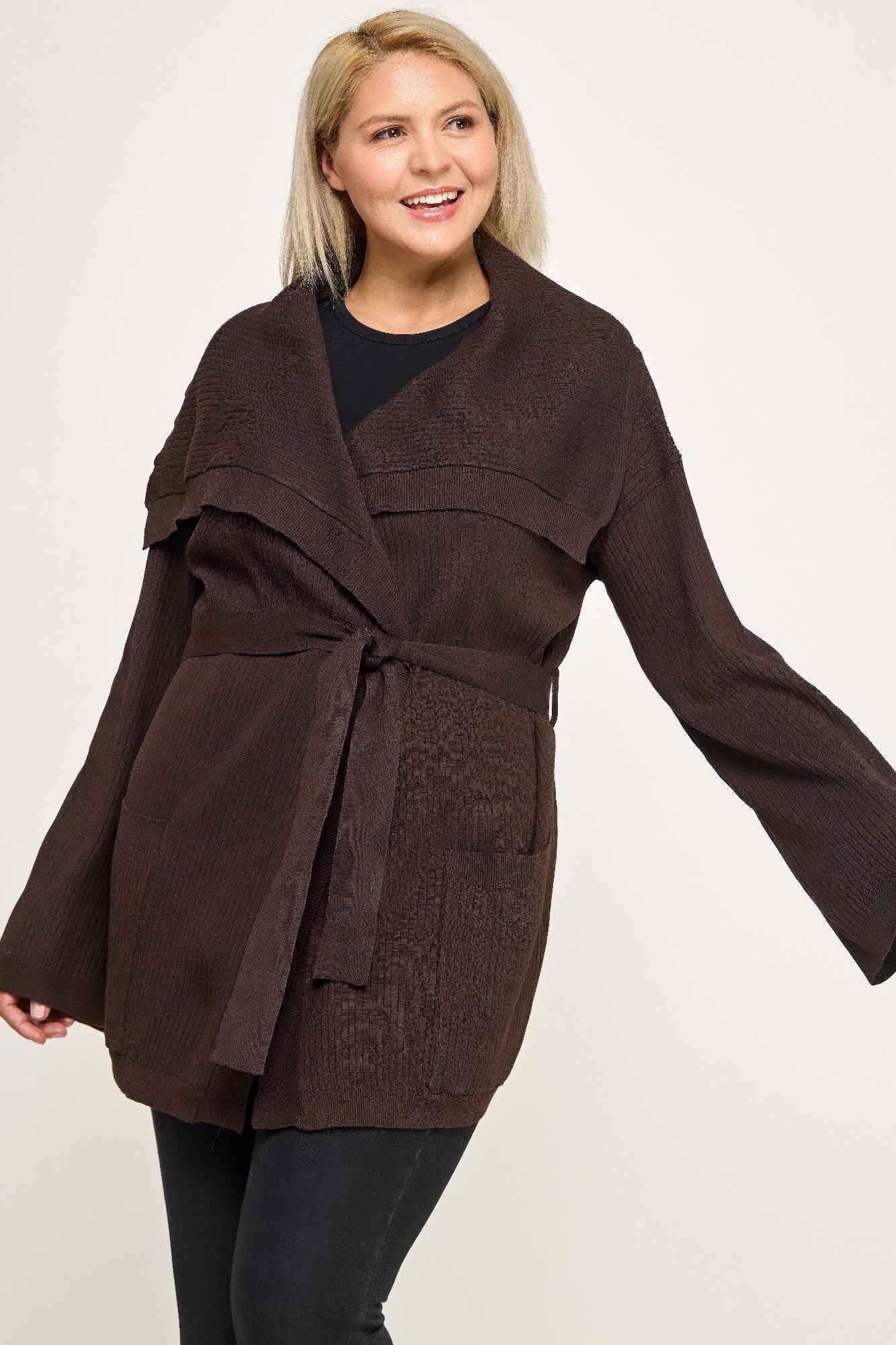 Plus Size Ribbed Wrap Cardigan With Waist Belt