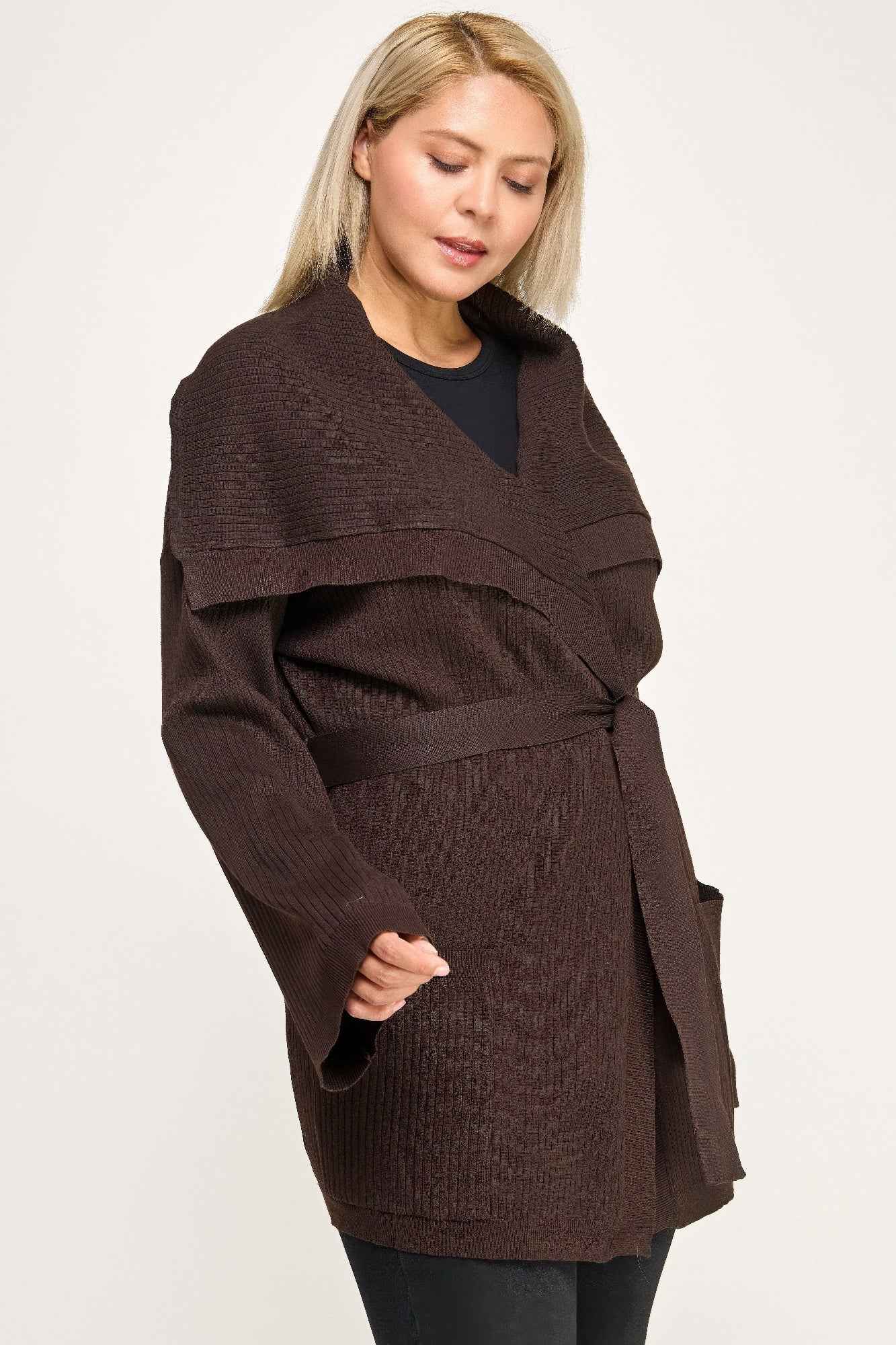 Plus Size Ribbed Wrap Cardigan With Waist Belt