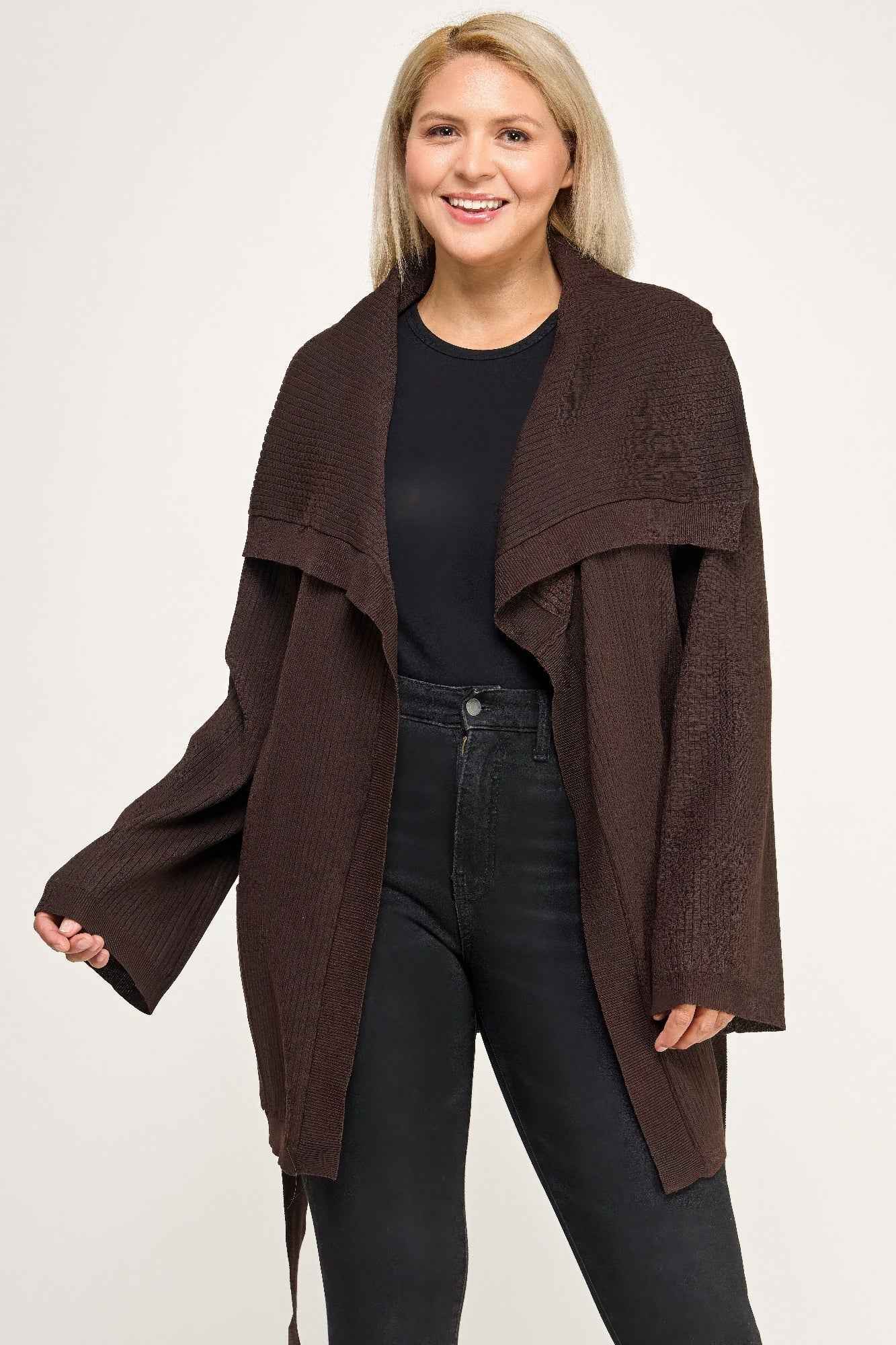 Plus Size Ribbed Wrap Cardigan With Waist Belt