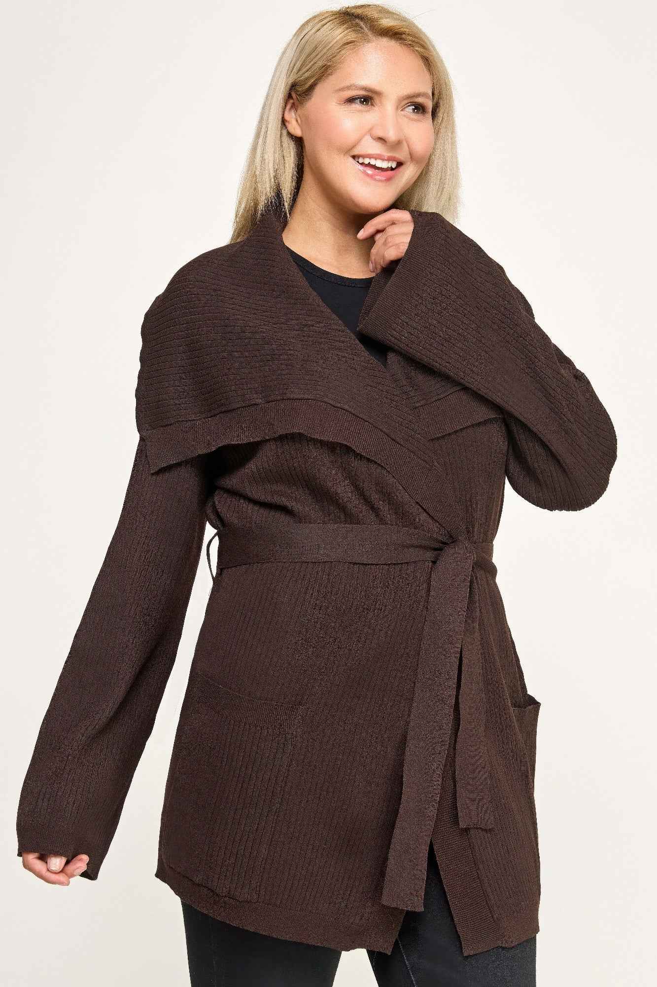Plus Size Ribbed Wrap Cardigan With Waist Belt