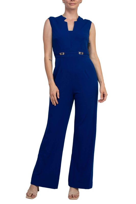 Tahari ASL Notch-Neck Sleeveless Crepe Flare Leg Back Zipper Jumpsuit