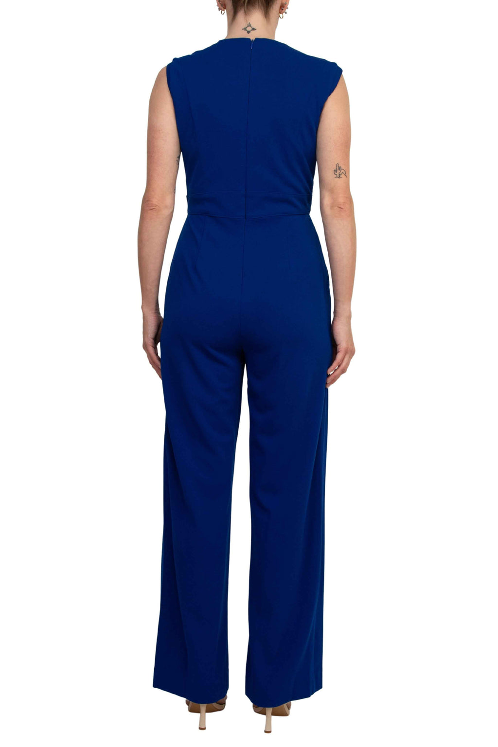 Tahari ASL Notch-Neck Sleeveless Crepe Flare Leg Back Zipper Jumpsuit