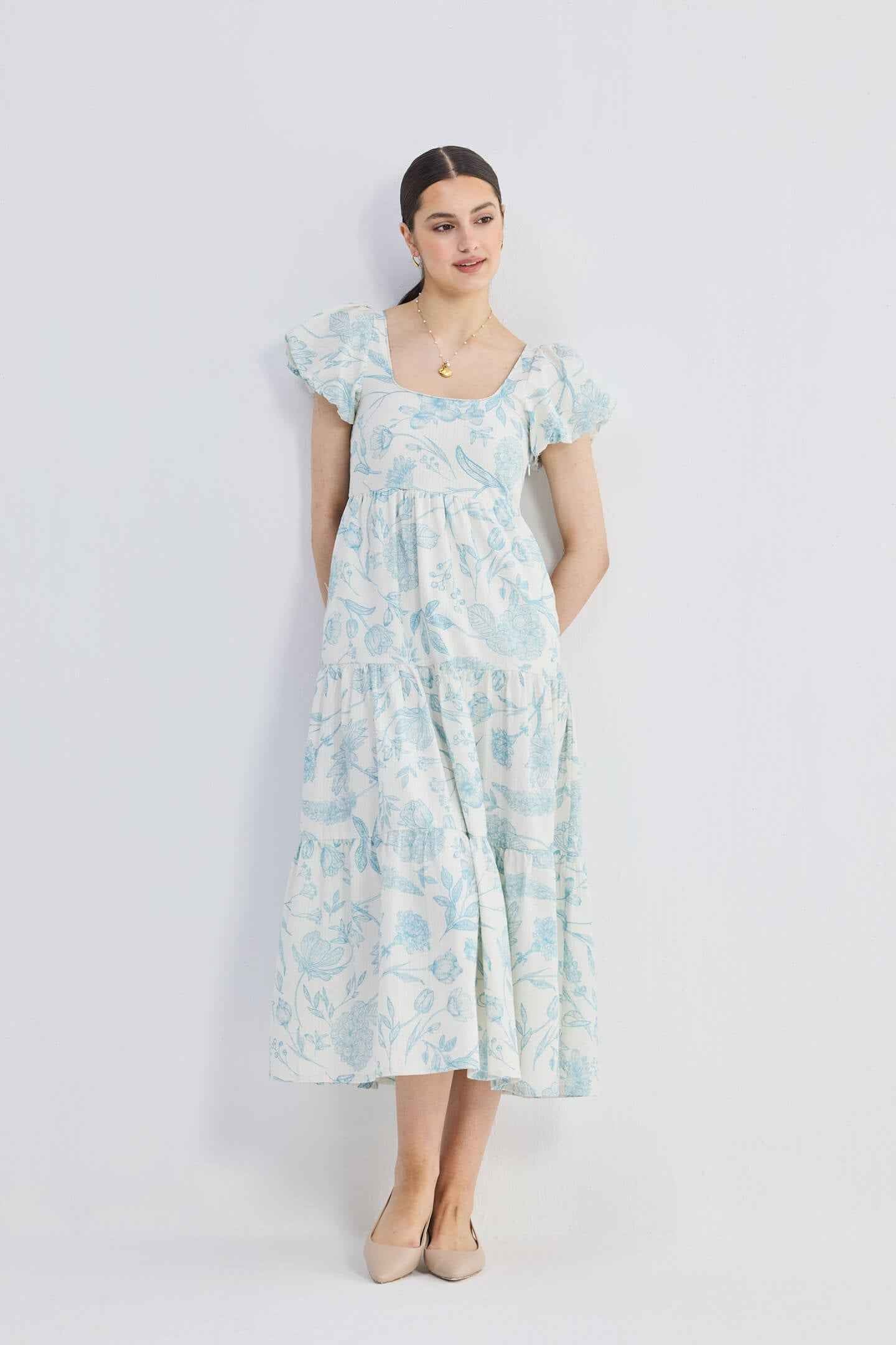 Puff Sleeve Tiered Maxi Dress in Blue Florals