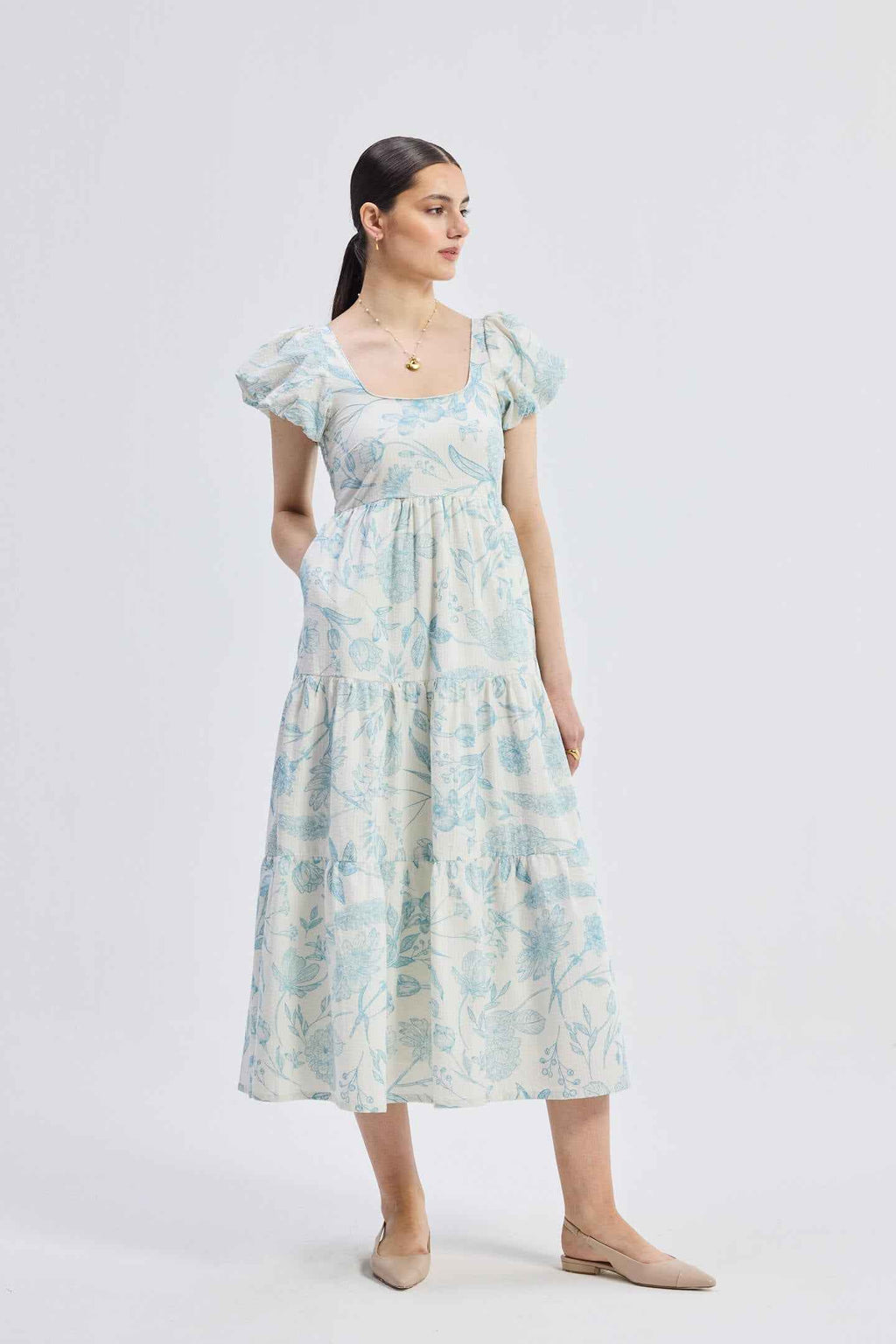 Puff Sleeve Tiered Maxi Dress in Blue Florals