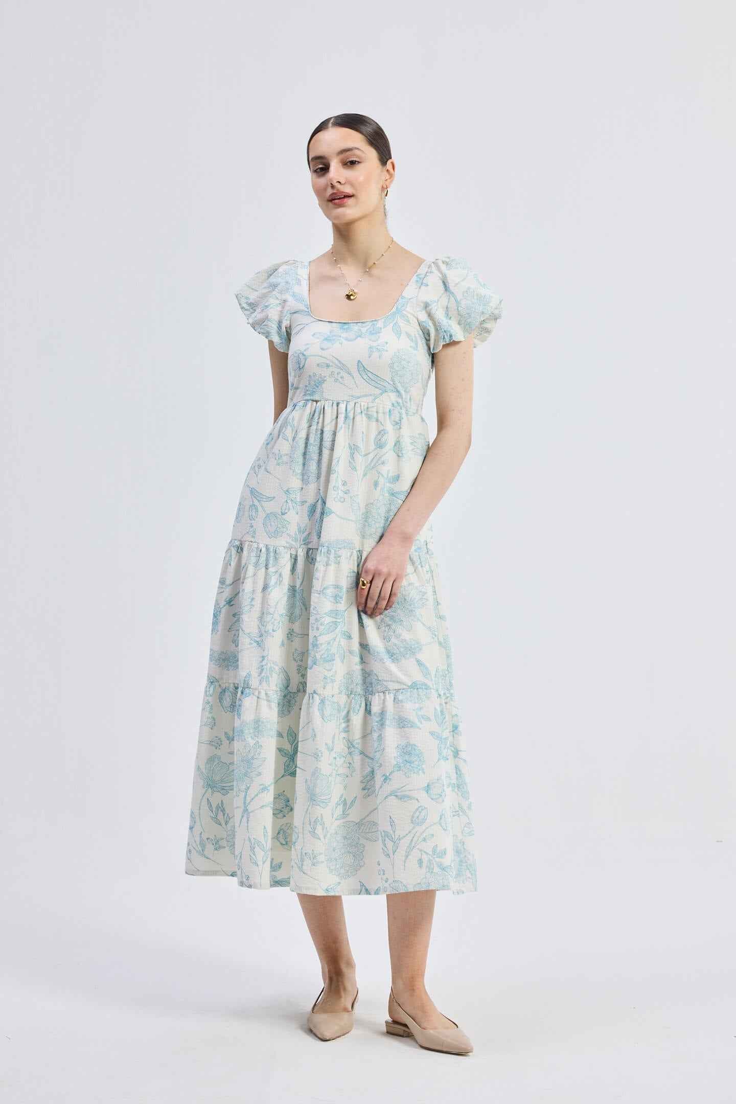 Puff Sleeve Tiered Maxi Dress in Blue Florals