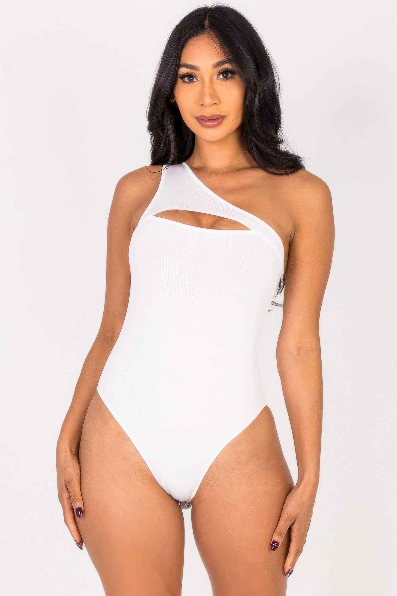 Ribbed Knit Cut Out One Shoulder Bodysuit