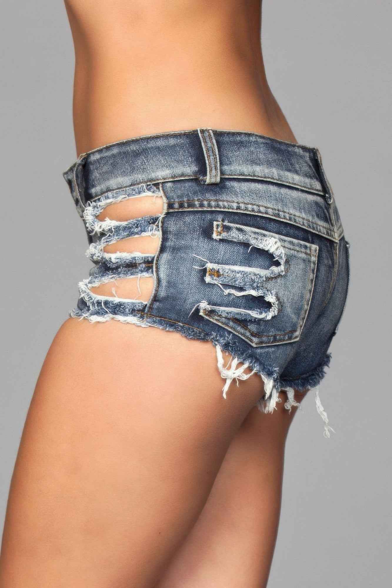 Distressed Side Cutout Denim Shorts - Medium Wash