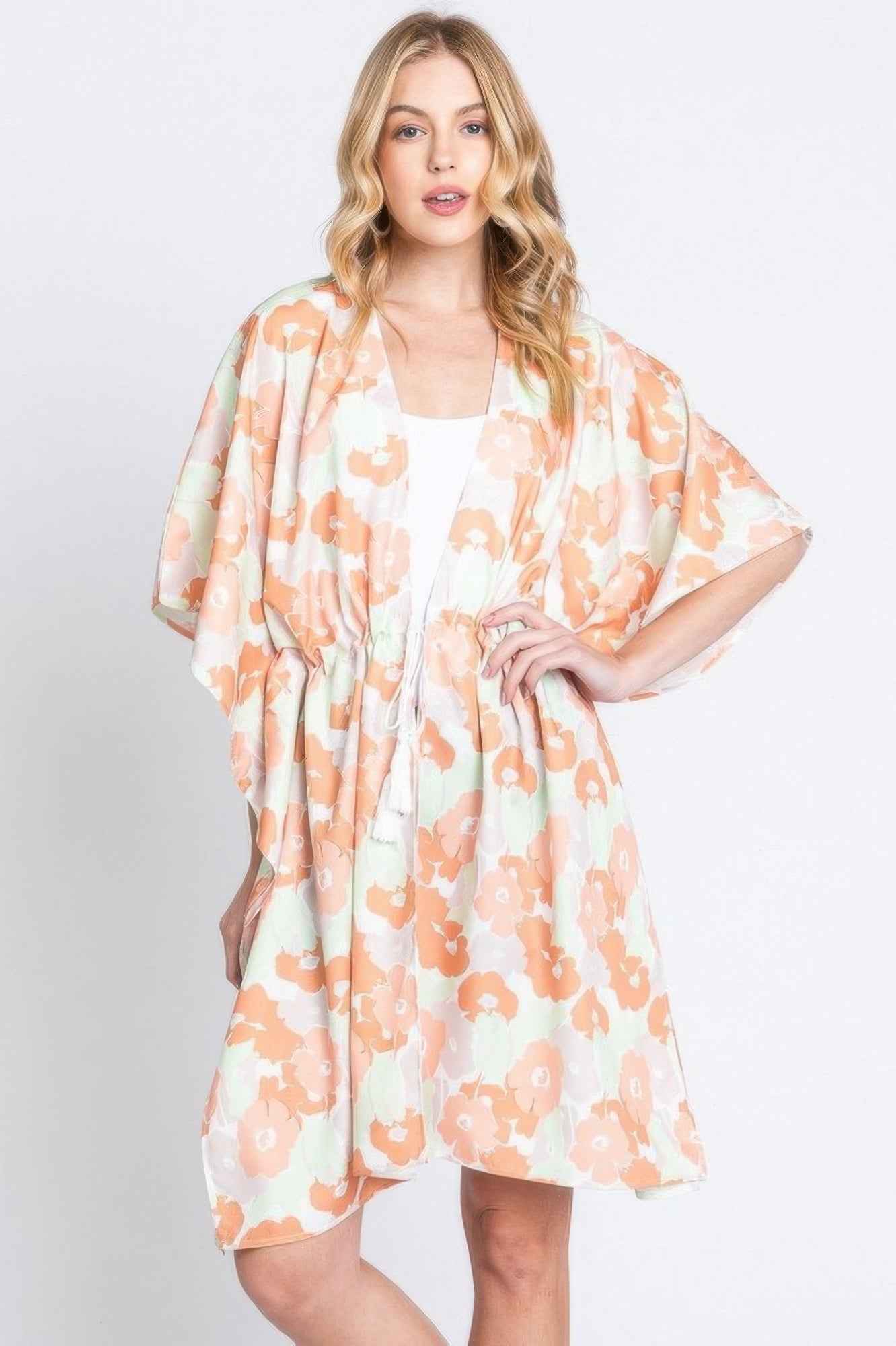 Flower Print Self-tie Drawstring Open Front Cover