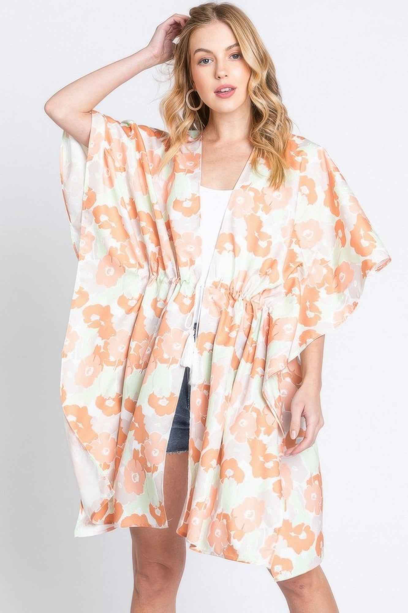 Flower Print Self-tie Drawstring Open Front Cover
