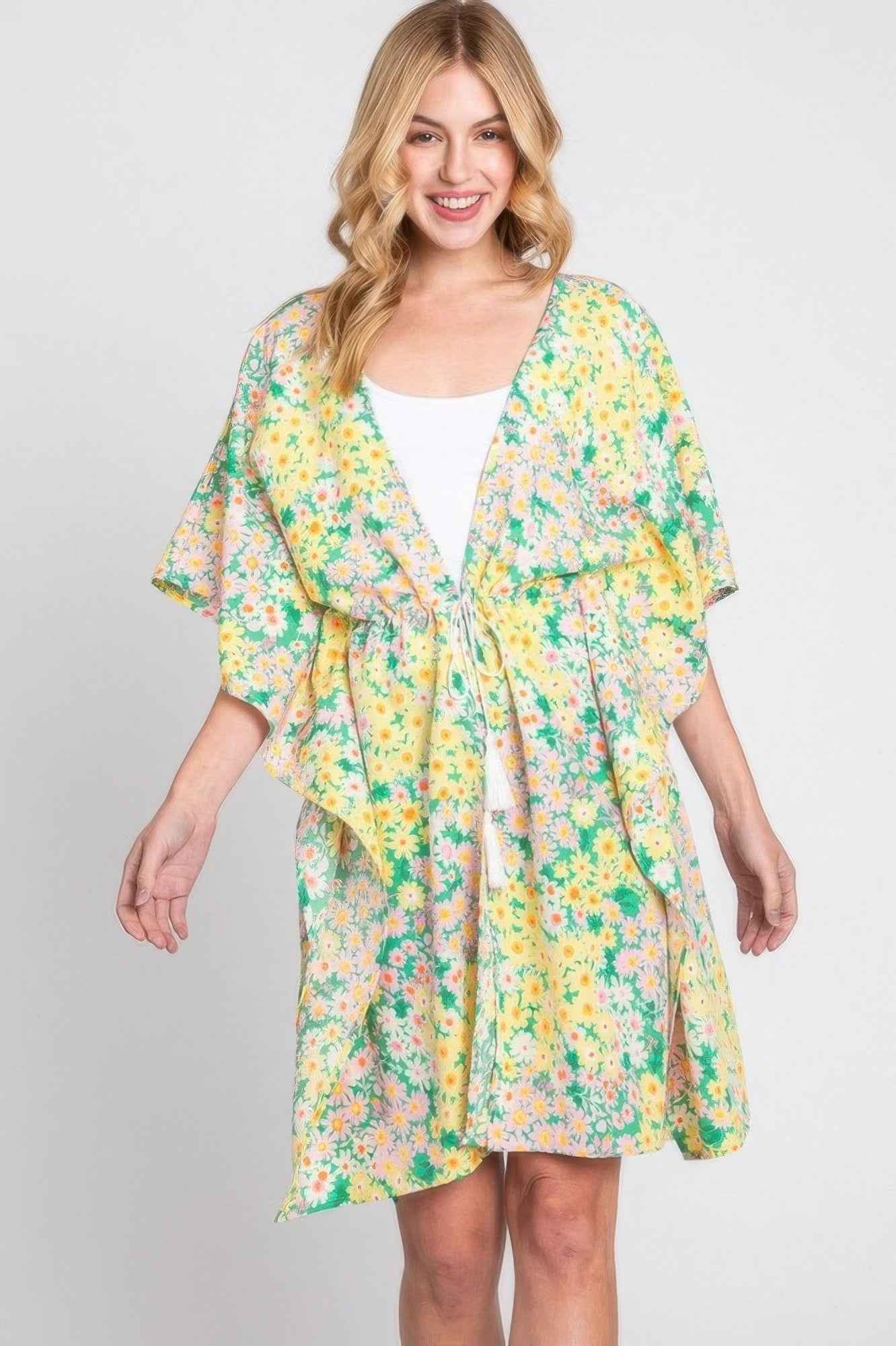 Flower Print Self-tie Drawstring Open Front Cover