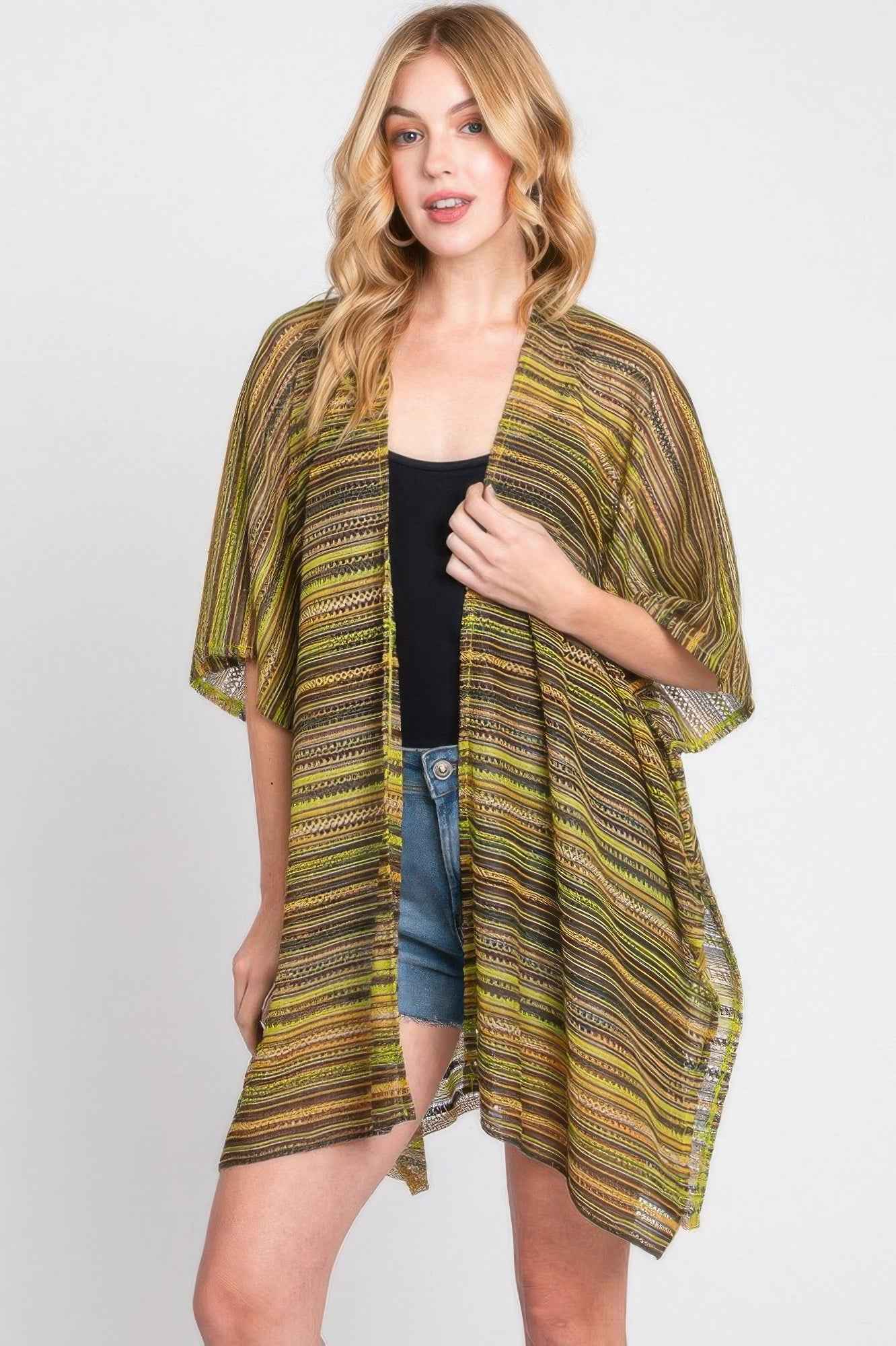 Multi Color Stripe Crochet Open Front Cover-up