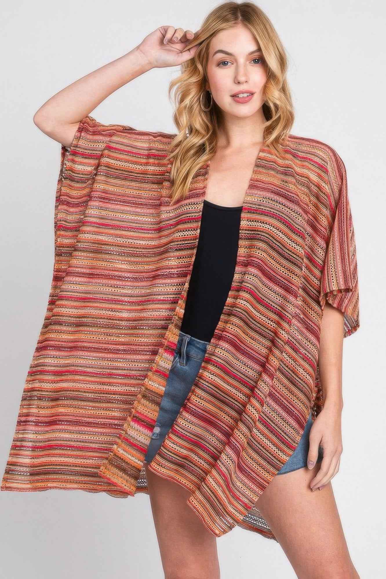 Multi Color Stripe Crochet Open Front Cover-up