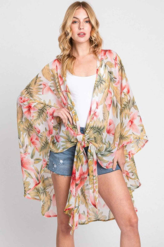 Tropical Flower Leaves Print Shawl Cover-up