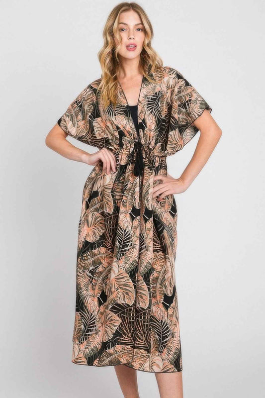 Tropical Leaves Print Self-tie Drawstring Cover Up