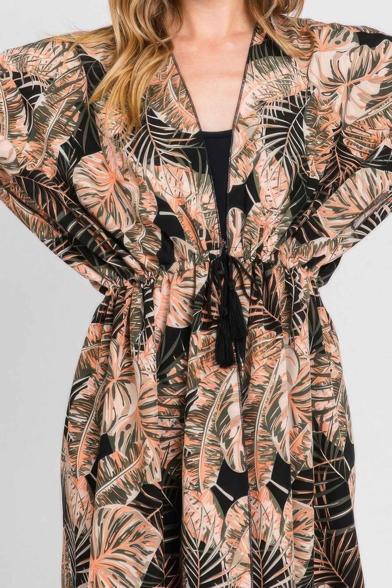 Tropical Leaves Print Self-tie Drawstring Cover Up